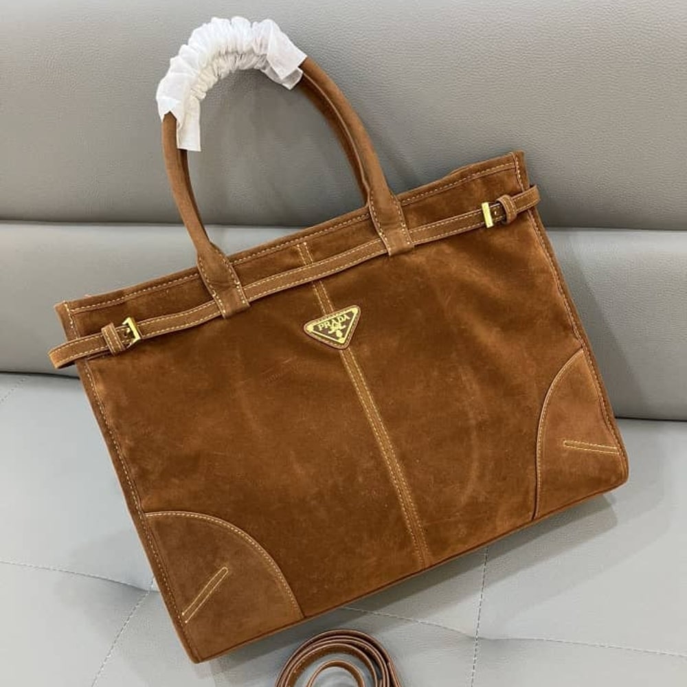 Prada Bonnie Large Suede Handbag Brown 38Cm 1Ba433 2C4S F0401 V Moo