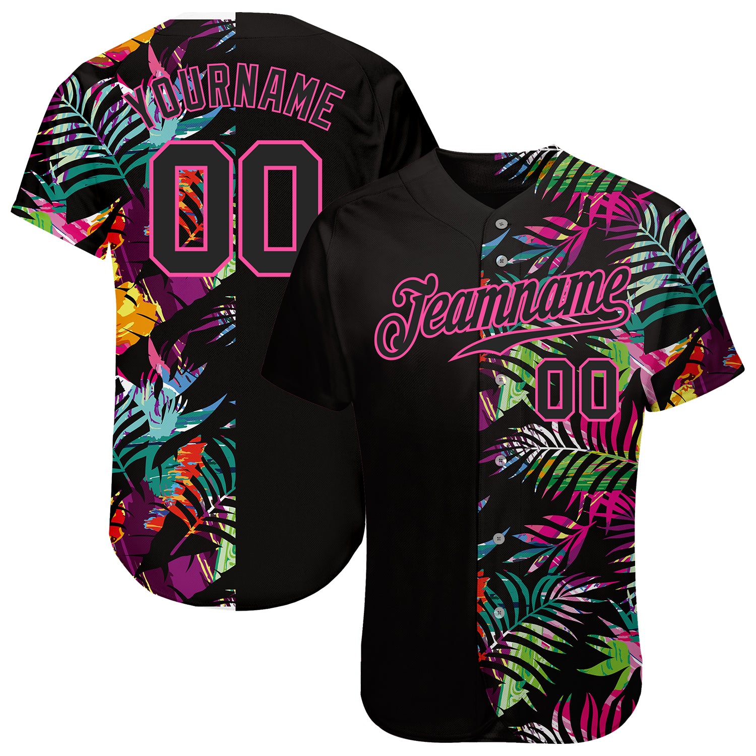 Custom Black-Pink 3D Pattern Design Tropical Palm Leaves  Baseball Jersey