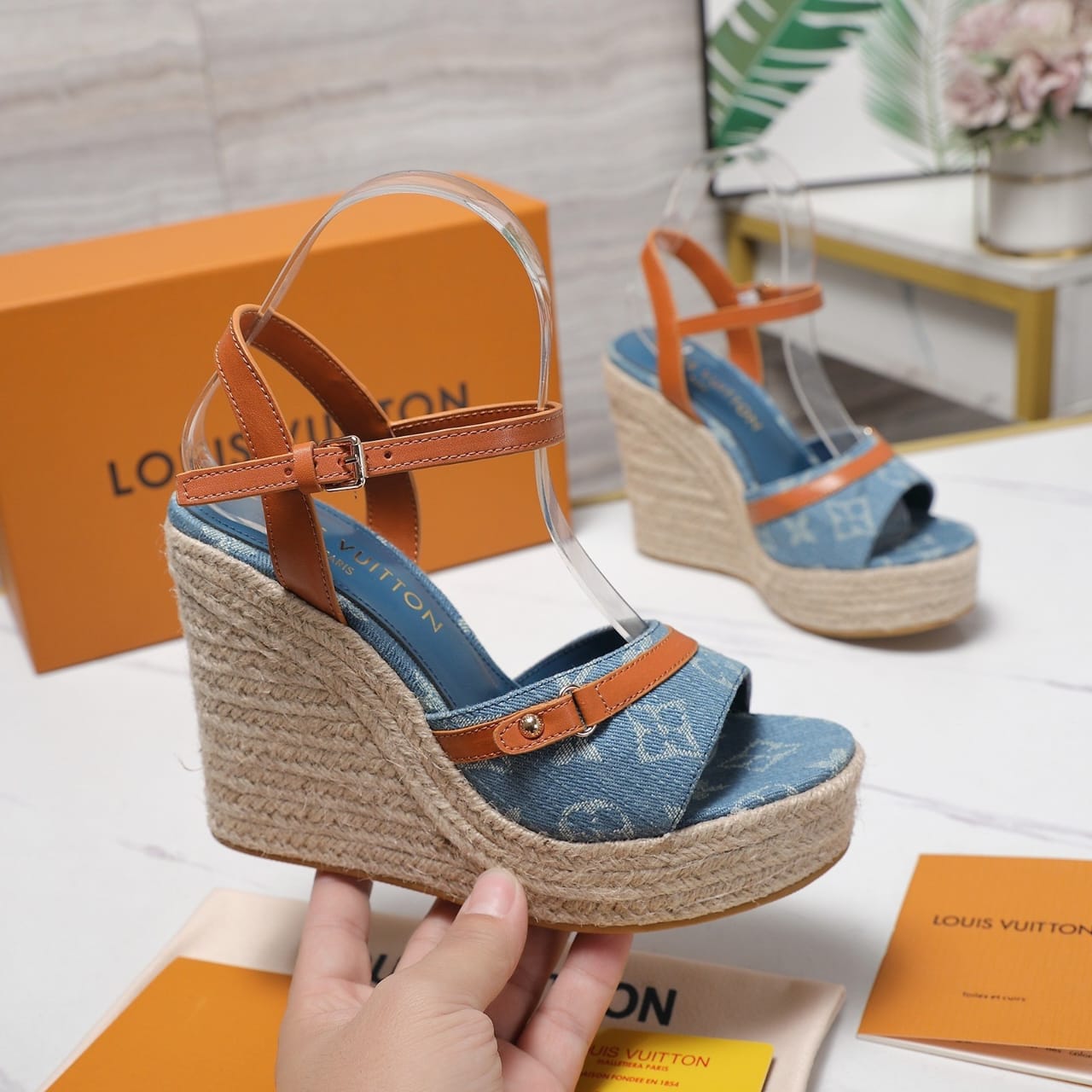 Louis Vuitton Helios Wedge Sandal Denim Blue 1Acizj