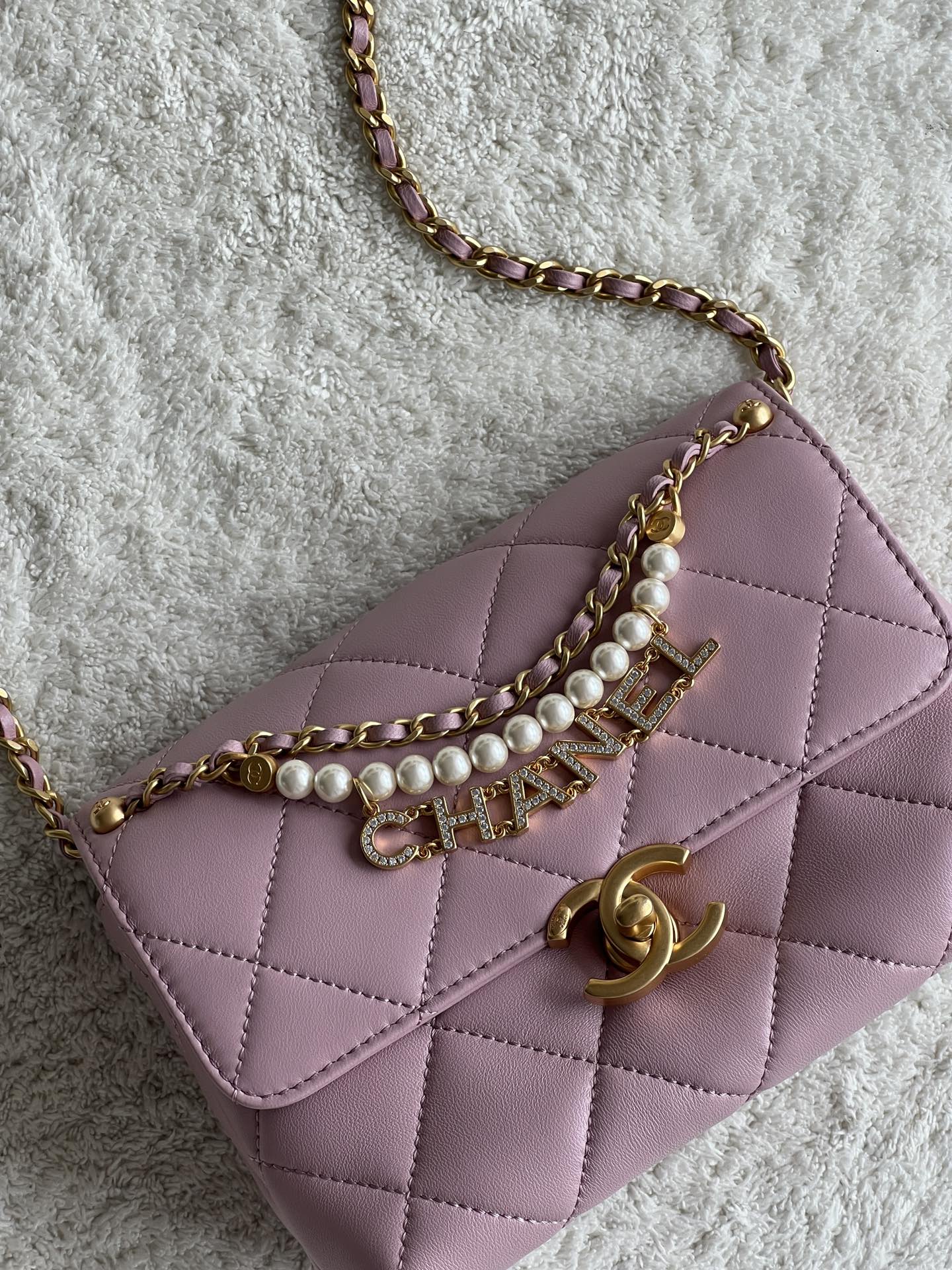 24A Mini Classic Flap Bag in Ballet Pink Quilted Lambskin with Pearl & Crystal CHANEL Letter Chain and Light Gold-Tone Hardware (AS4986)
