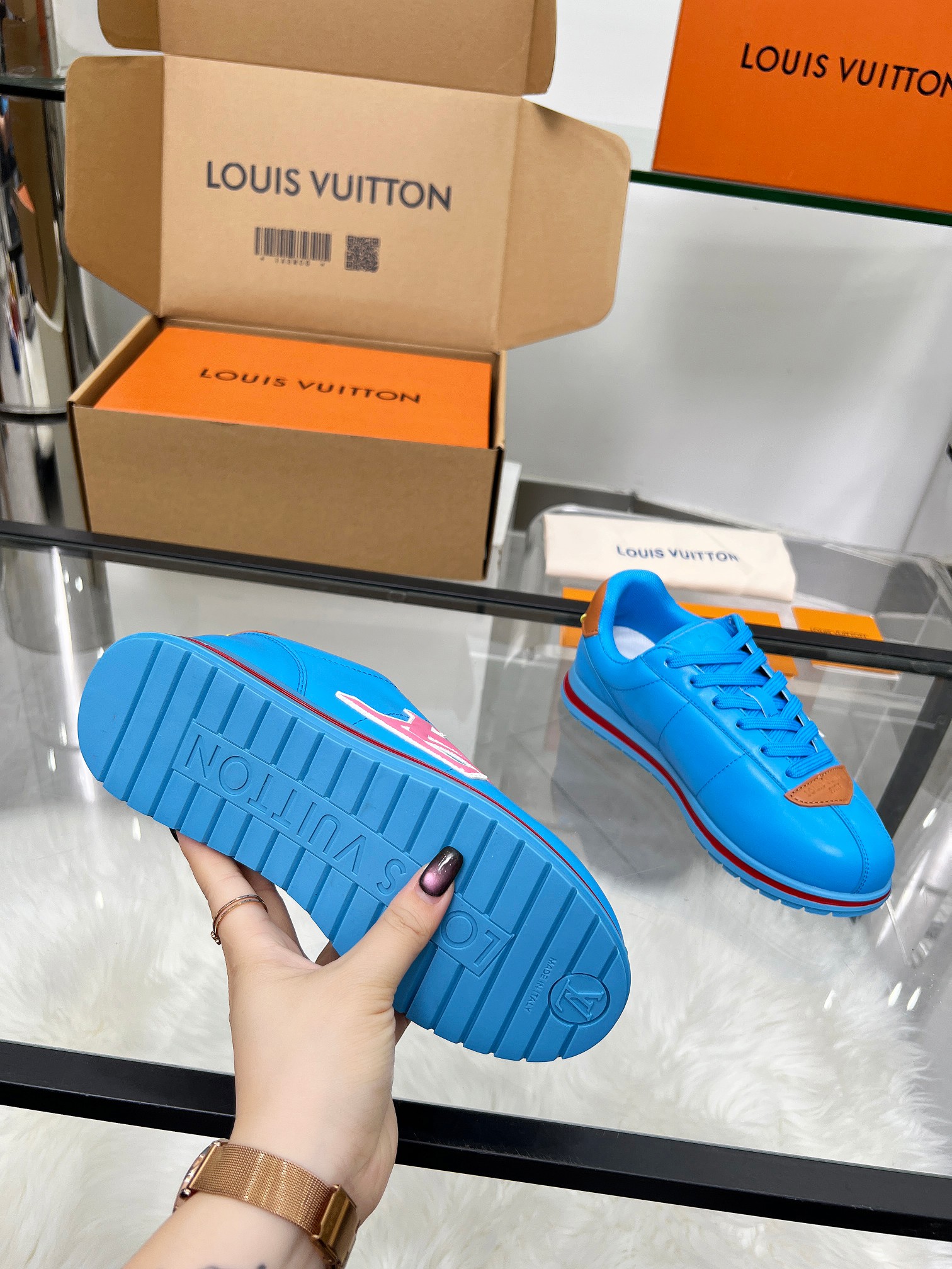 Louis Vuitton LV Trainer Sneaker Blue & Pink – Red Stripe Sole – Women’s Shoes