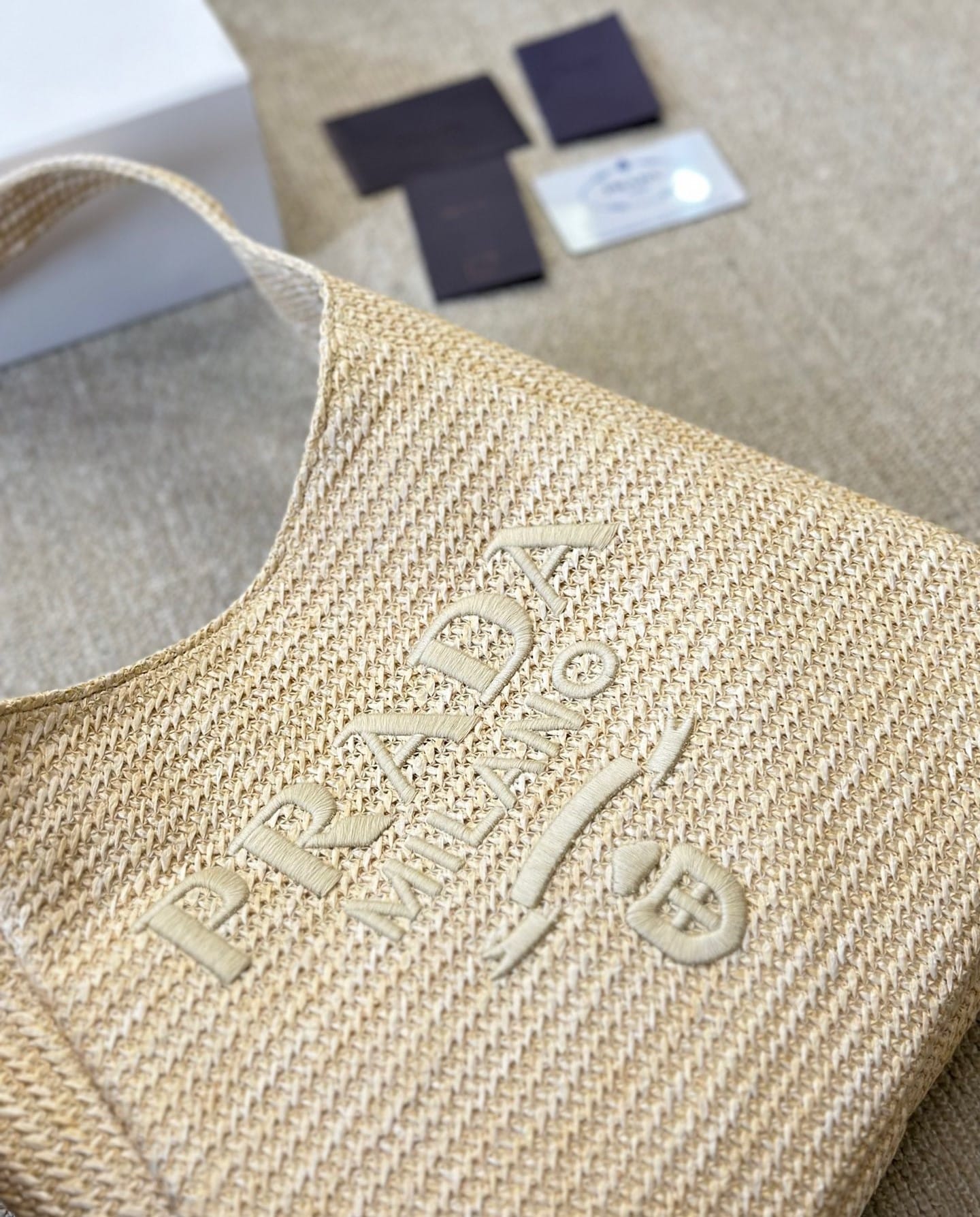 Prada Logo Embossed Raffia Shoulder Bag Beige 33Cm