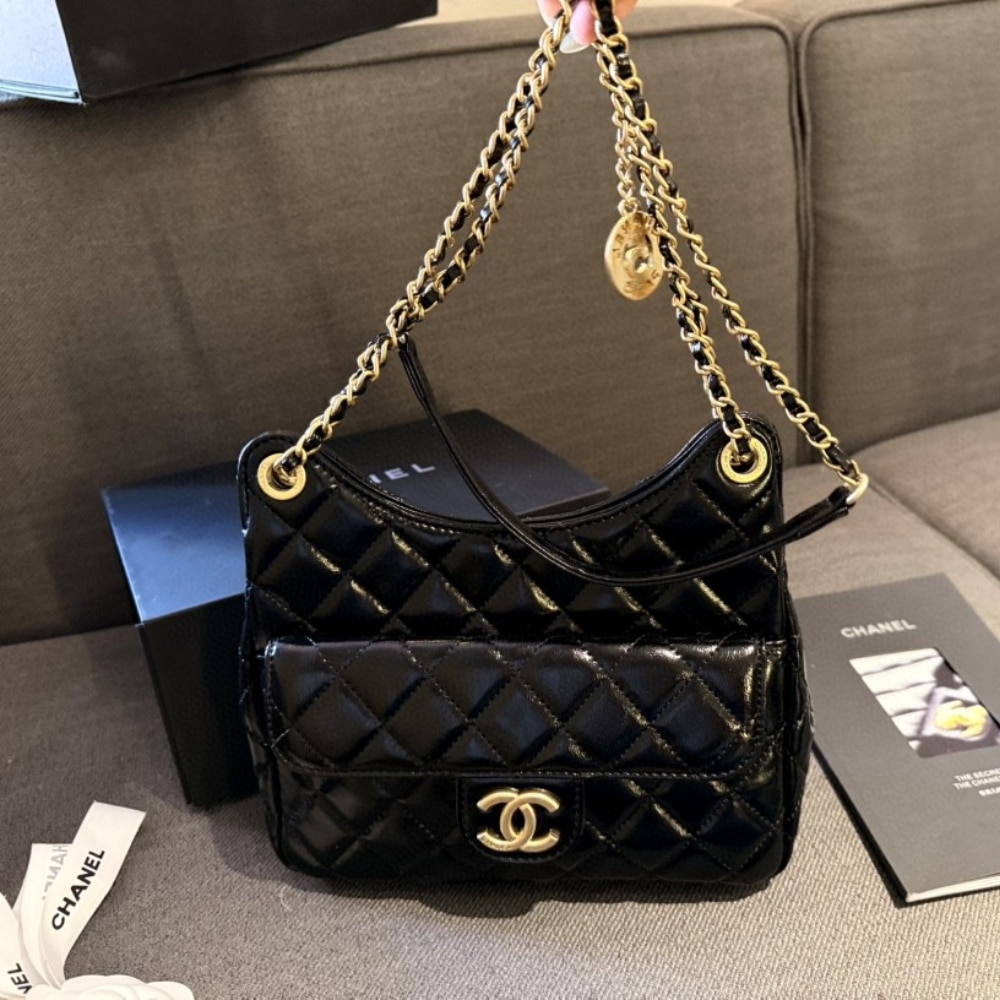 Chanel Small Hobo Bag Gold Black 20cm AS3710 B09746 94305
