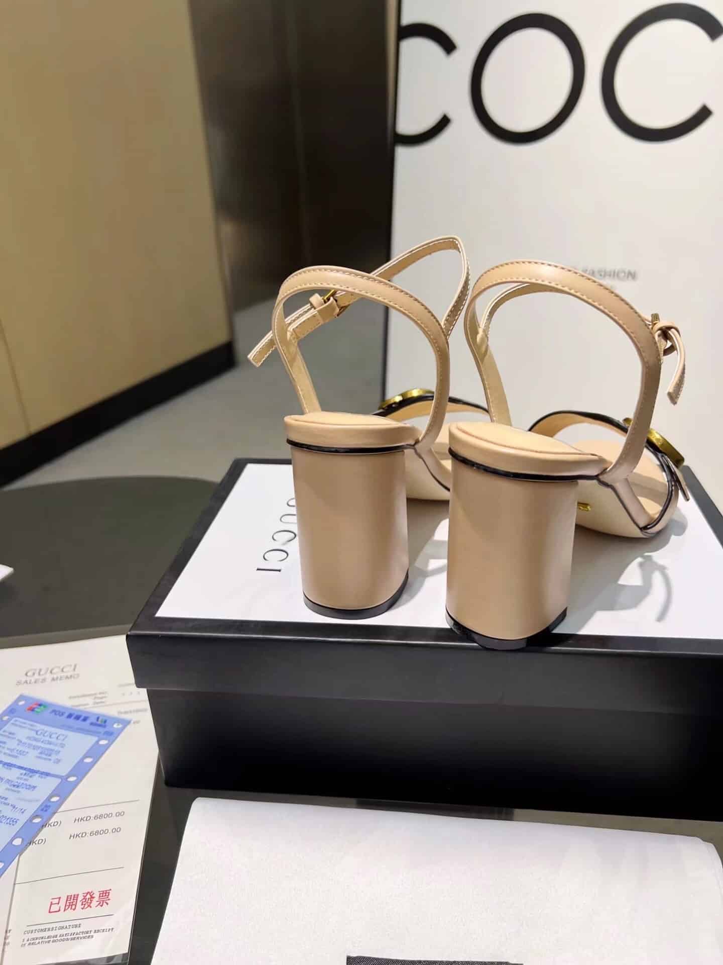 Gucci Leather Mid Heel Sandal Beige