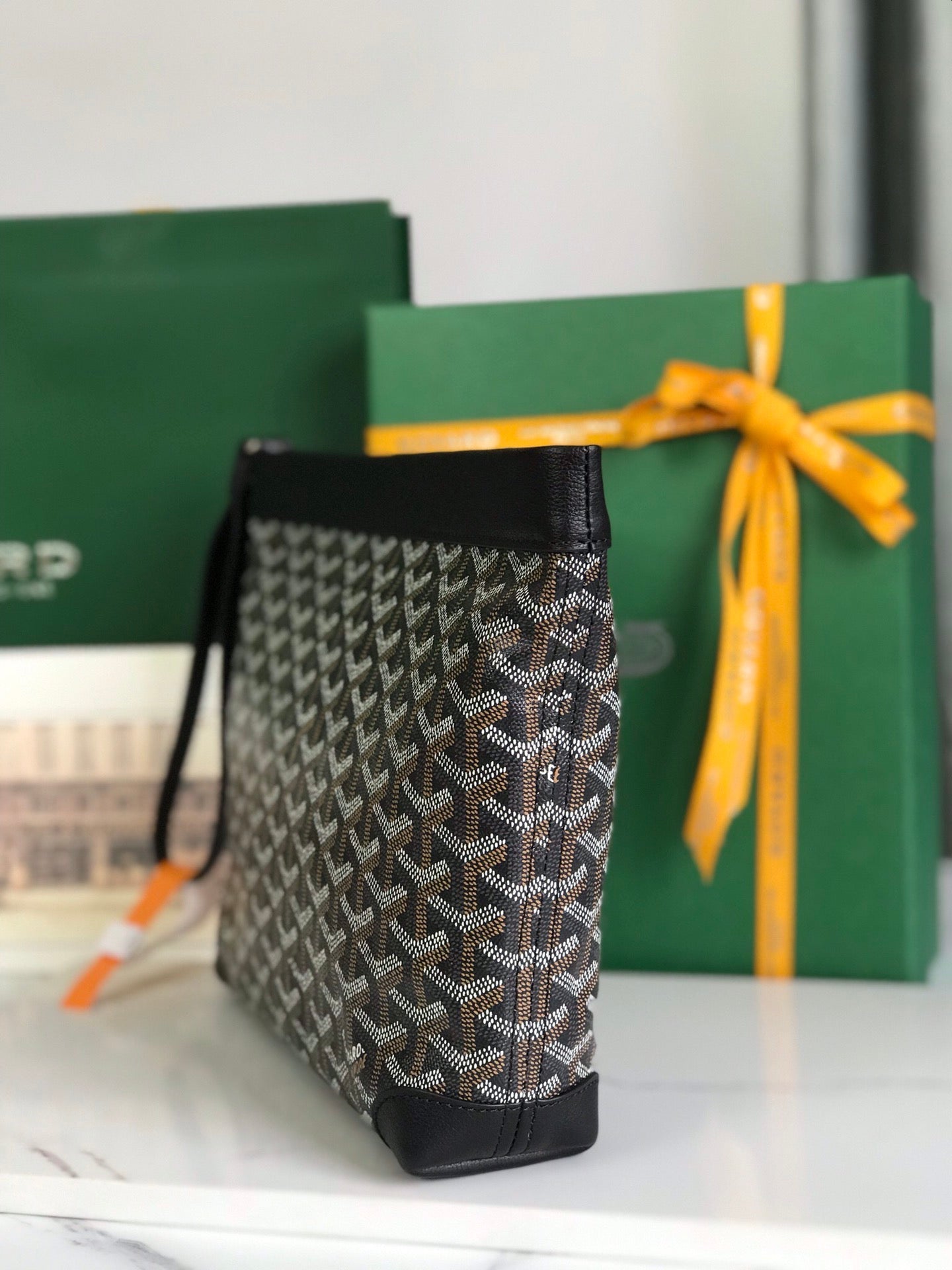 Goyard Conti Pouch 24 Cm Black Lambskin And Goyardine Canvas