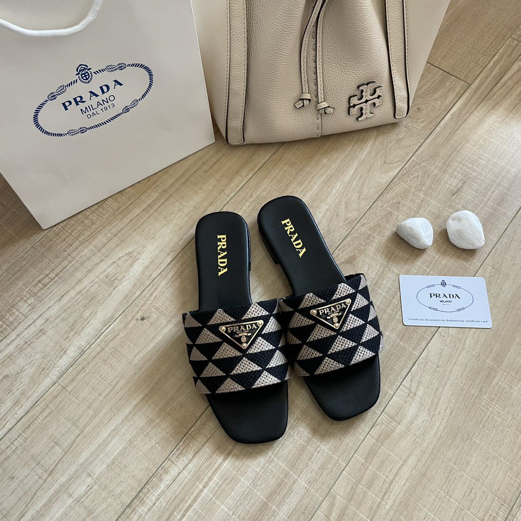 Prada Embroidered Fabric Slides Black White