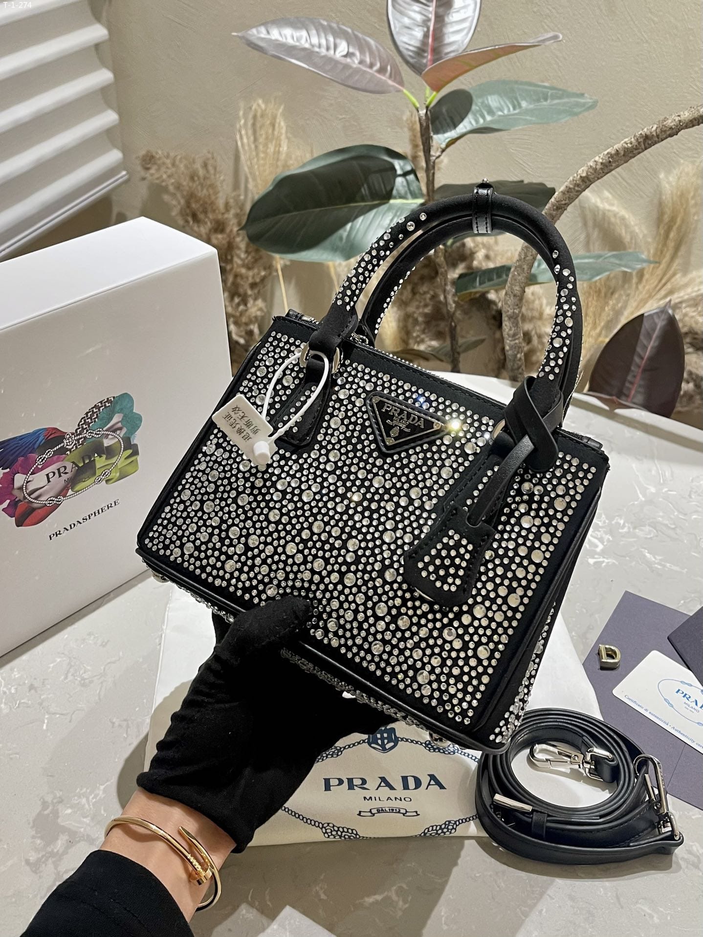 Prada Galleria Satin Mini Bag With Crystals Metal 23Cm