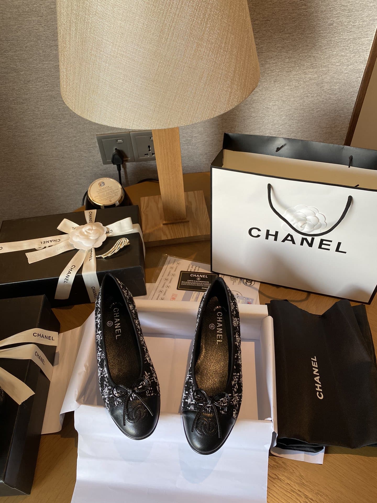 Chanel Plain Toe Rubber Sole Casual Style Tweed Black