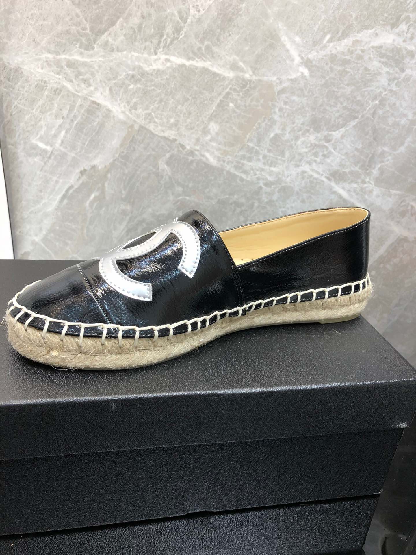Chanel Embroidered Espadrille Leather Cap Toe Flats Black Cc