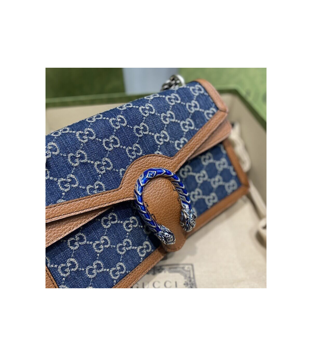 Gucci Small Dionysus Shoulder Bag in Blue Jacquard Denim 28cm