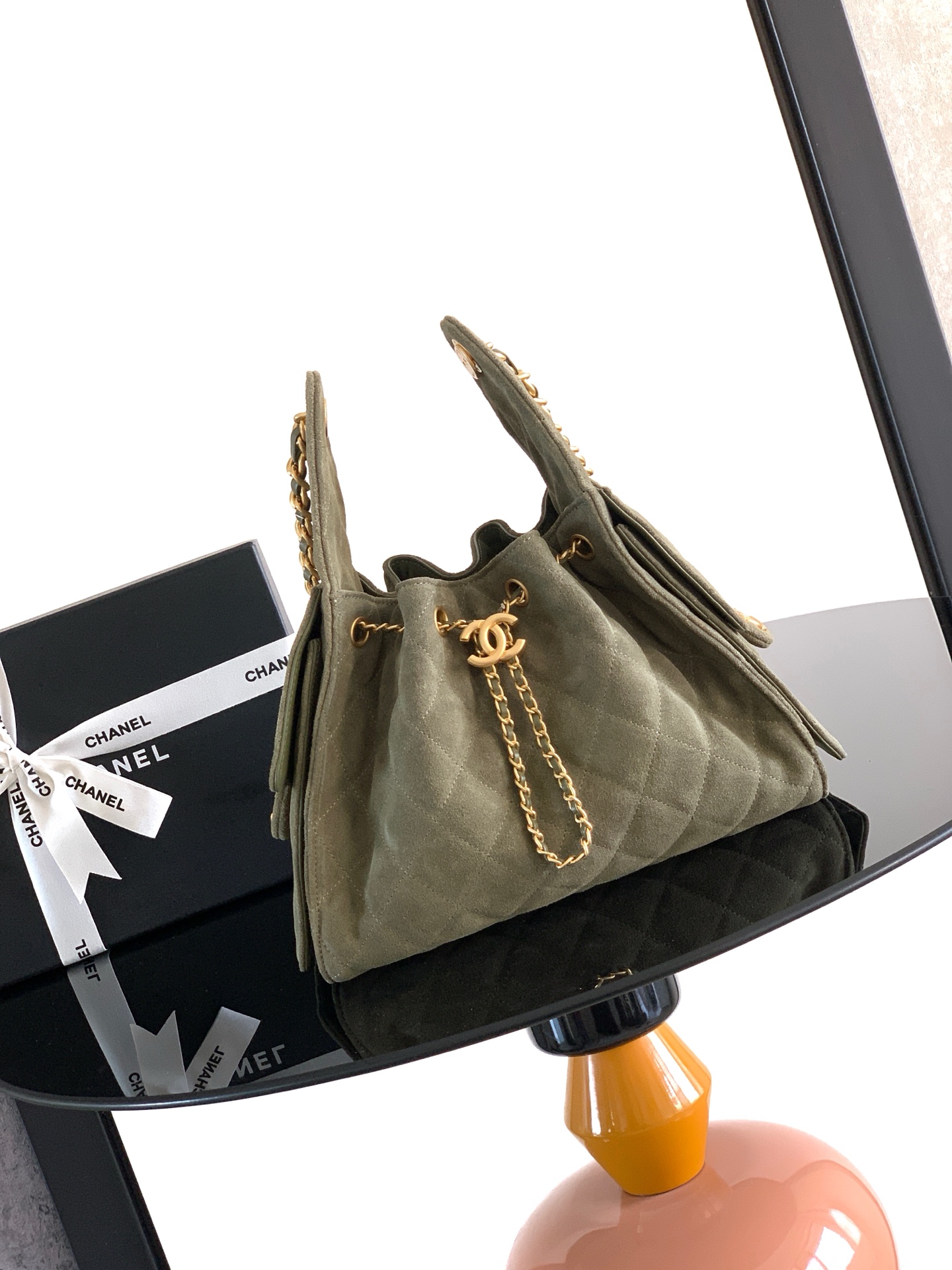 25 Bag Small Hobo in Olive Green Suede with Gold-Tone Hardware