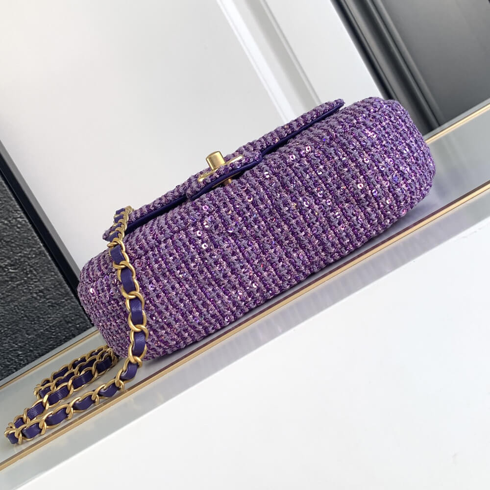 Chanel Mini Sequin Flap Bag with Top Handle Purple Tweed
