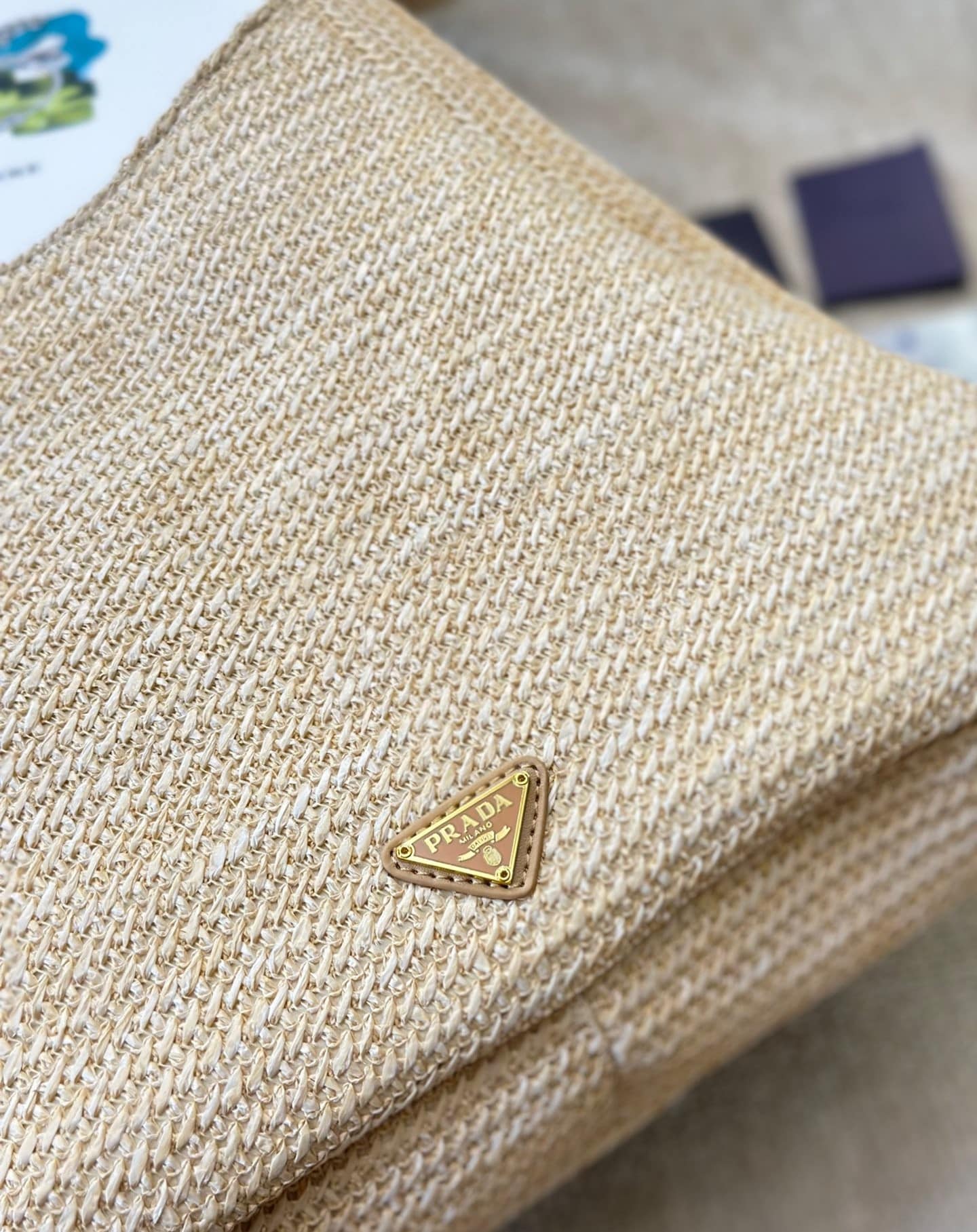 Prada Logo Embossed Raffia Shoulder Bag Beige 33Cm