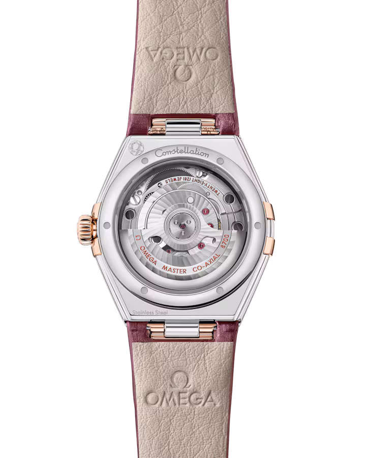 Omega Constellation 29mm Steel And Sedna Gold Case Diamond Bezel PVD Canopus Gold Silver Dial Burgundy Leather Strap 131.28.29.20.52.001