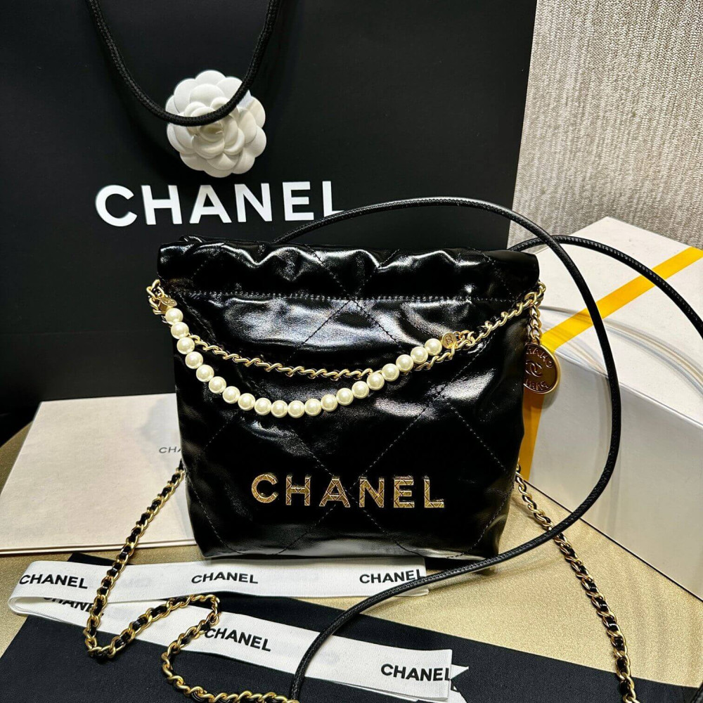 Chanel 22 Mini Bag Shiny Crumpled Calfskin with Pearl Chain