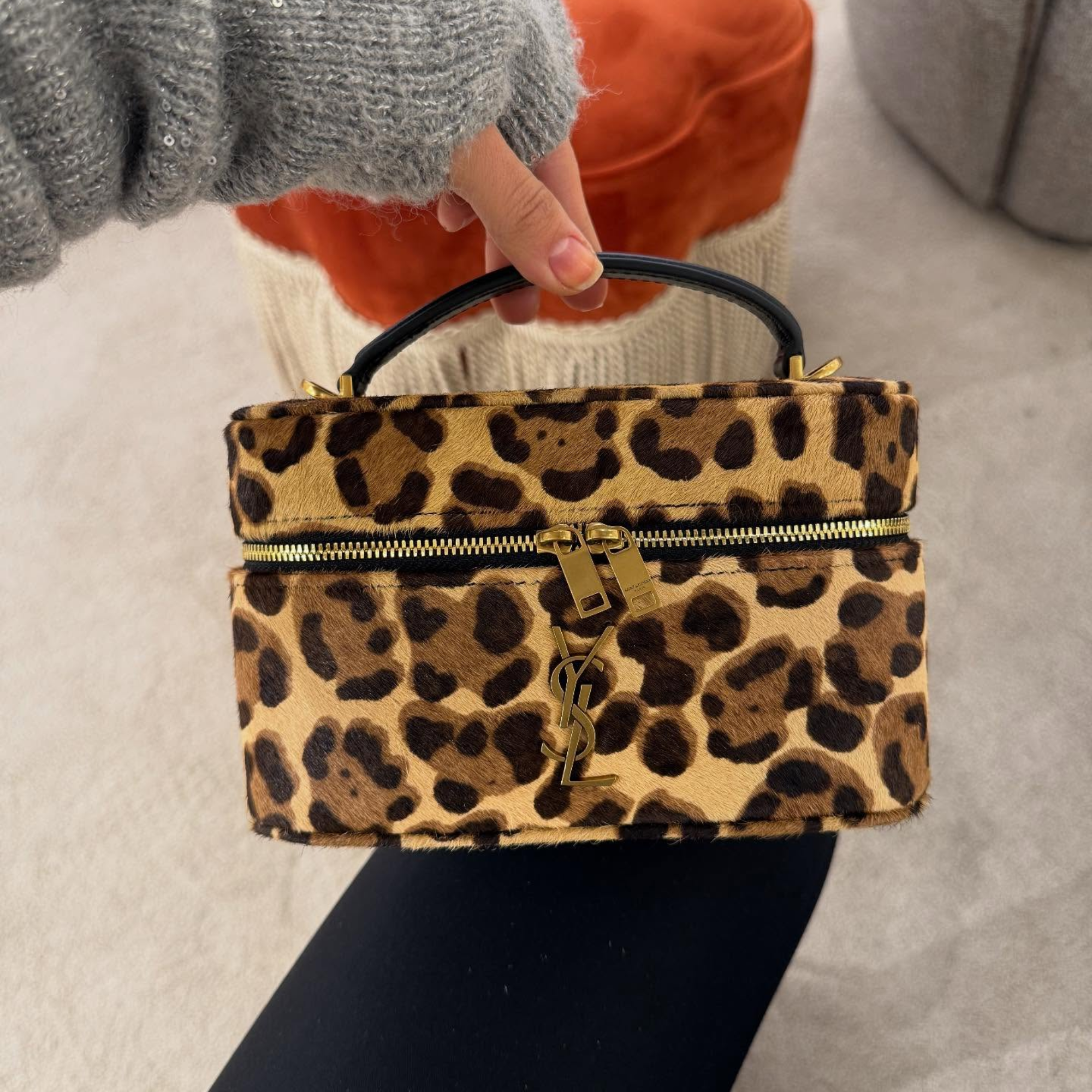 Saint Laurent Leopard Haircalf Vanity Bag with YSL Monogram 18cm