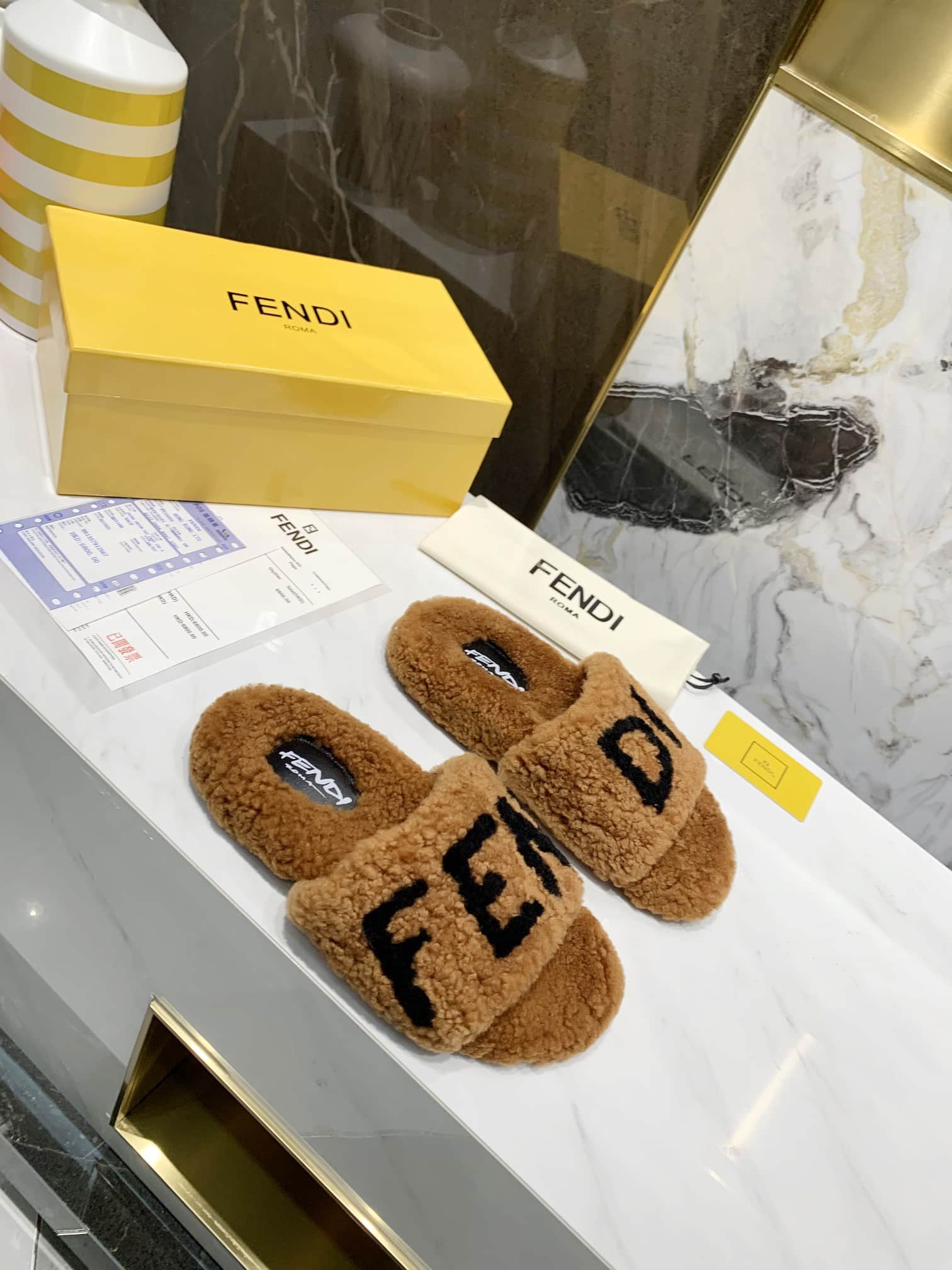 Fendi Shearling Slides Brown