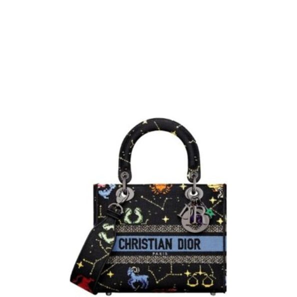 DIOR MEDIUM LADY D-LITE BAG BLACK MULTICOLOR DIOR PIXEL ZODIAC EMBROIDERY 24CM