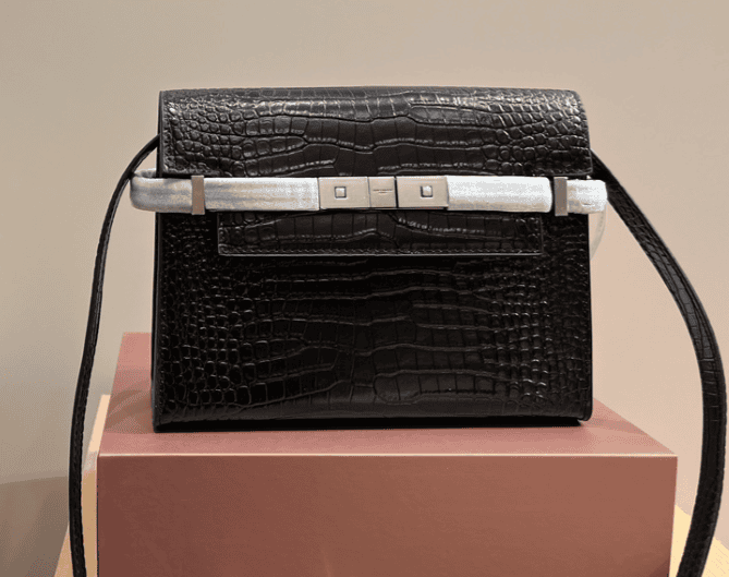 Saint Laurent Manhattan Shoulder Bag In Crocodile Embossed Shiny Black Silver 25Cm