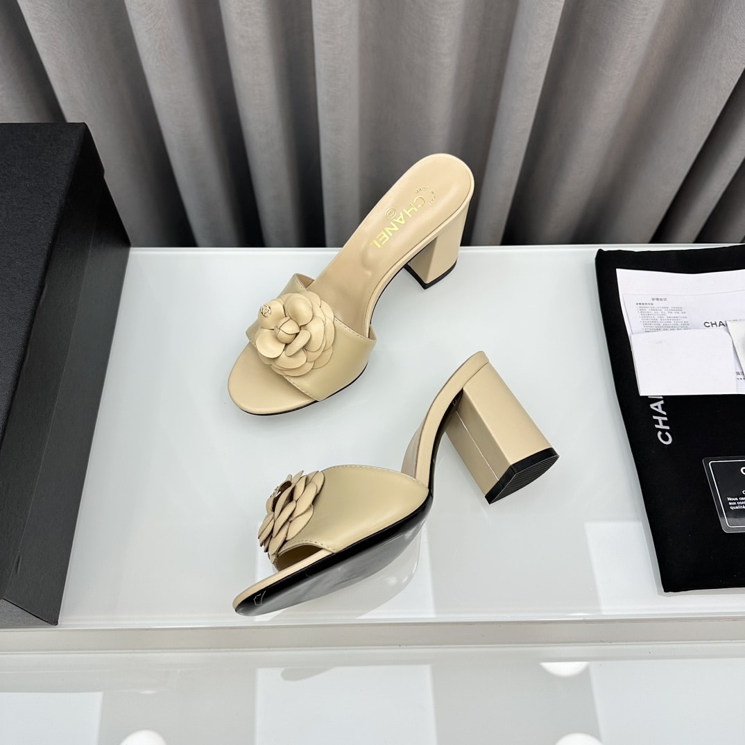 Chanel Camellia Medium Heel Slippers Beige