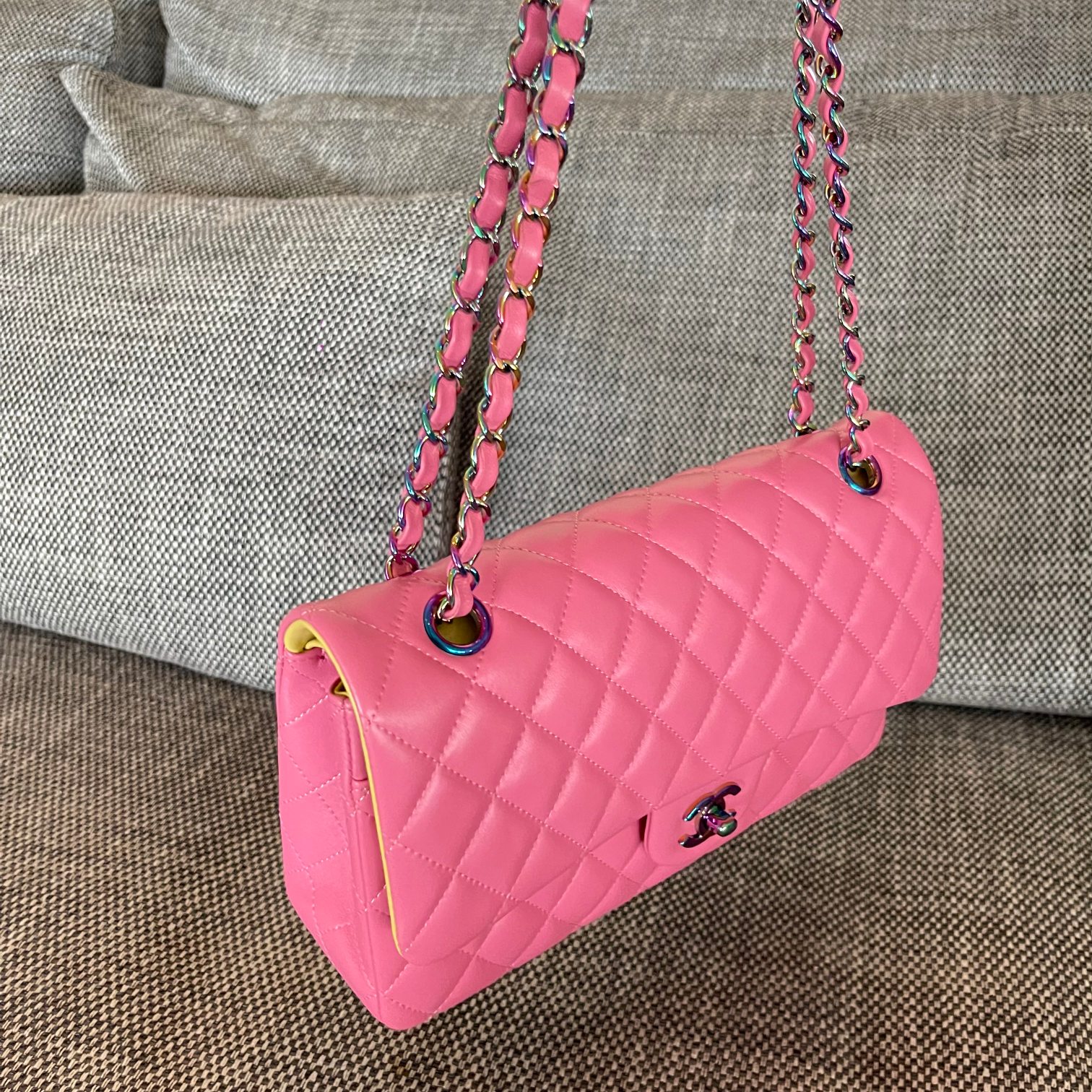 Vintage Classic Double Flap Bright Pink Quilted Lambskin Shoulder Bag with Multicolor Iridescent CC Turn-Lock & Chain Strap
