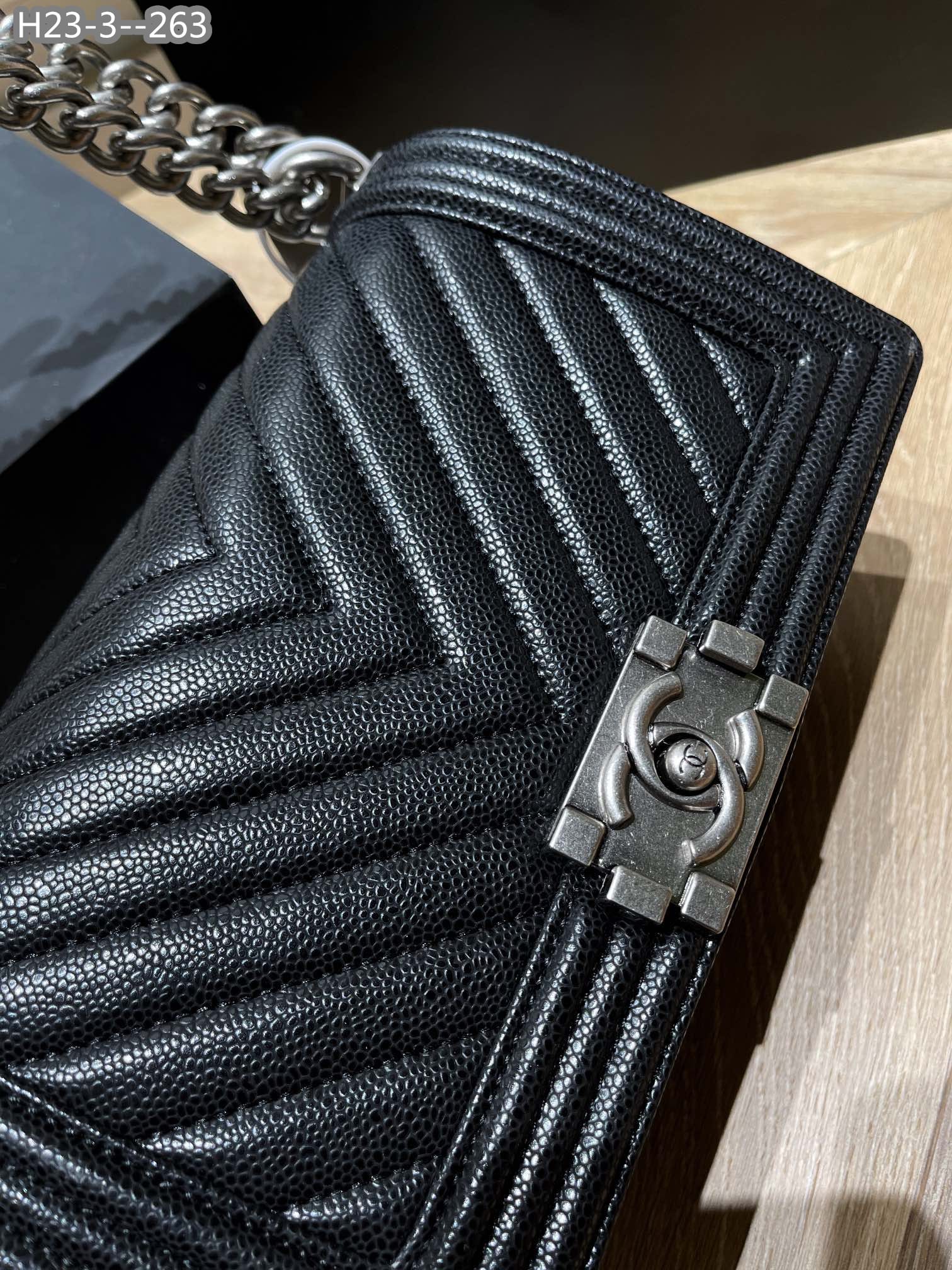 Chanel Boy Caviar Chevron Quilted Flap Bag Black 25Cm/9.8in