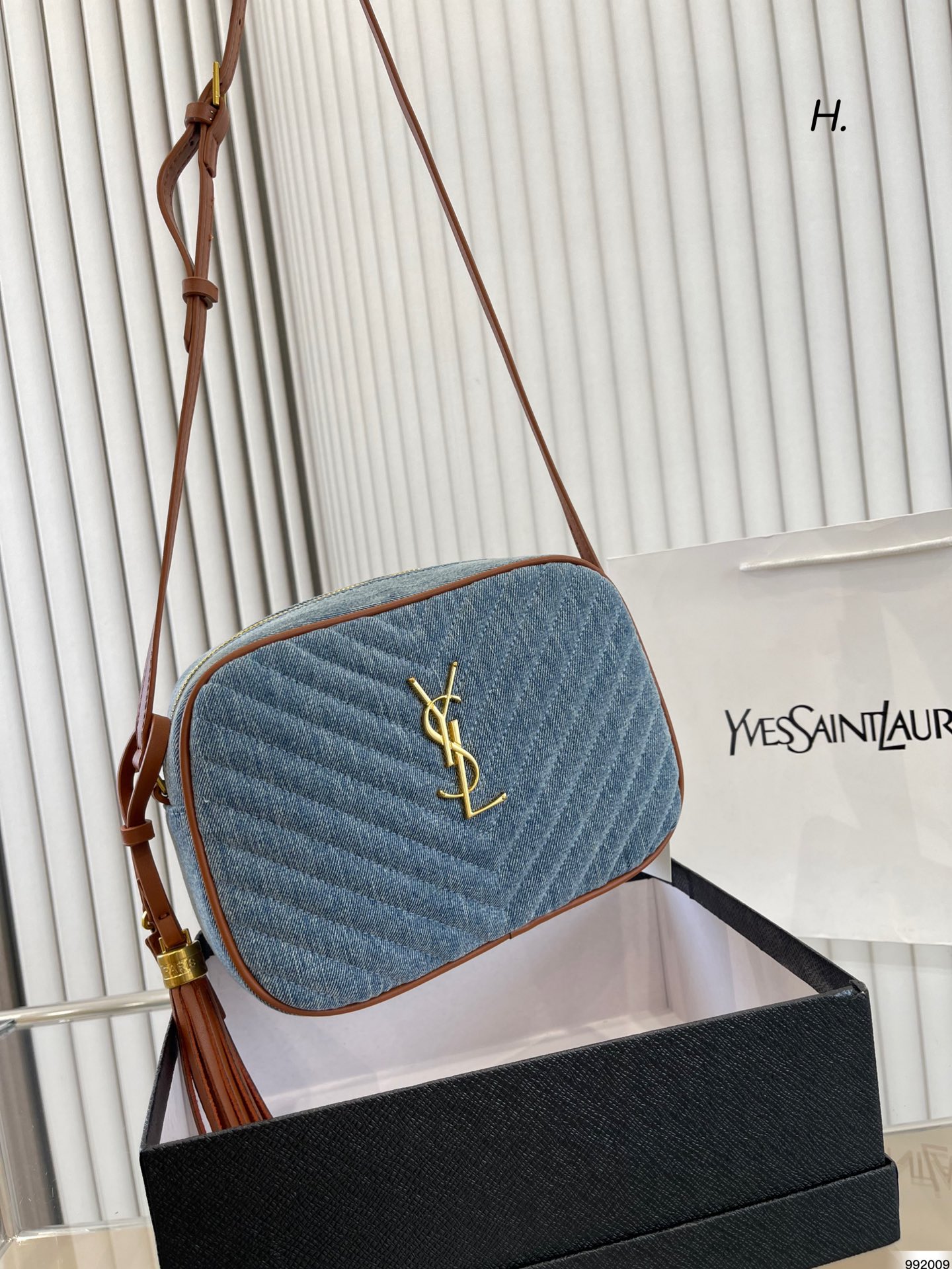 Saint Laurent Women’S Blue Mini Lou Denim Camera Bag 23Cm