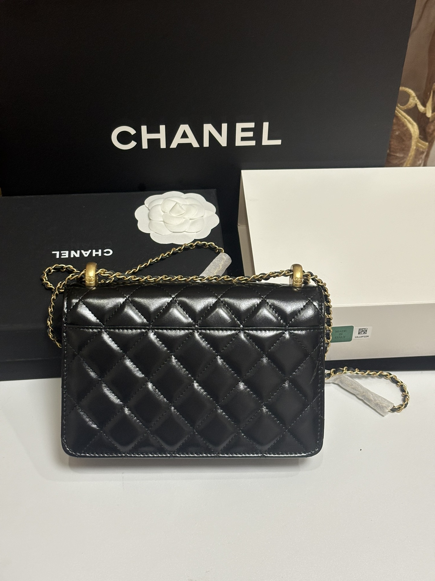 Classic Quilted Lambskin Wallet on Chain with Gold Ball in Black (Gold Hardware)