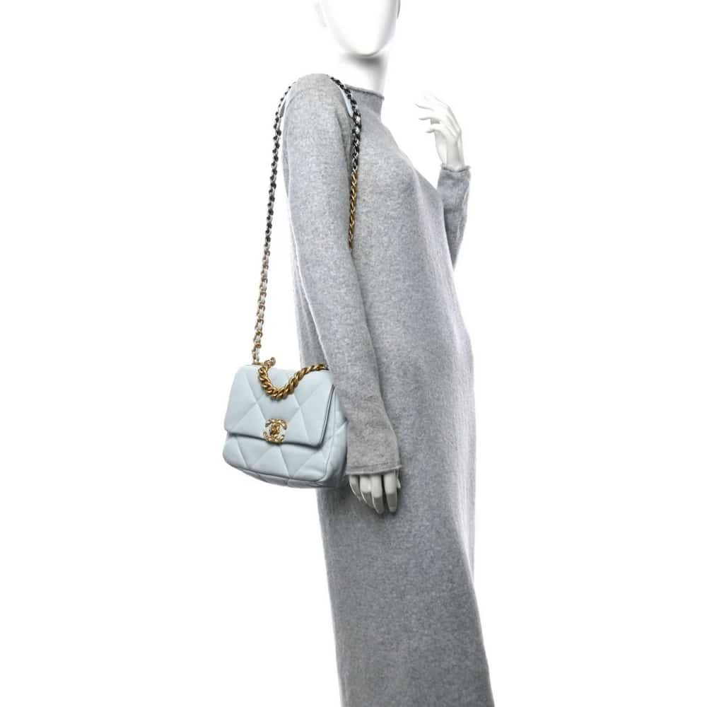 Chanel 19 Flap Bag Shiny Gold And Silver Tone Light Blue 26Cm