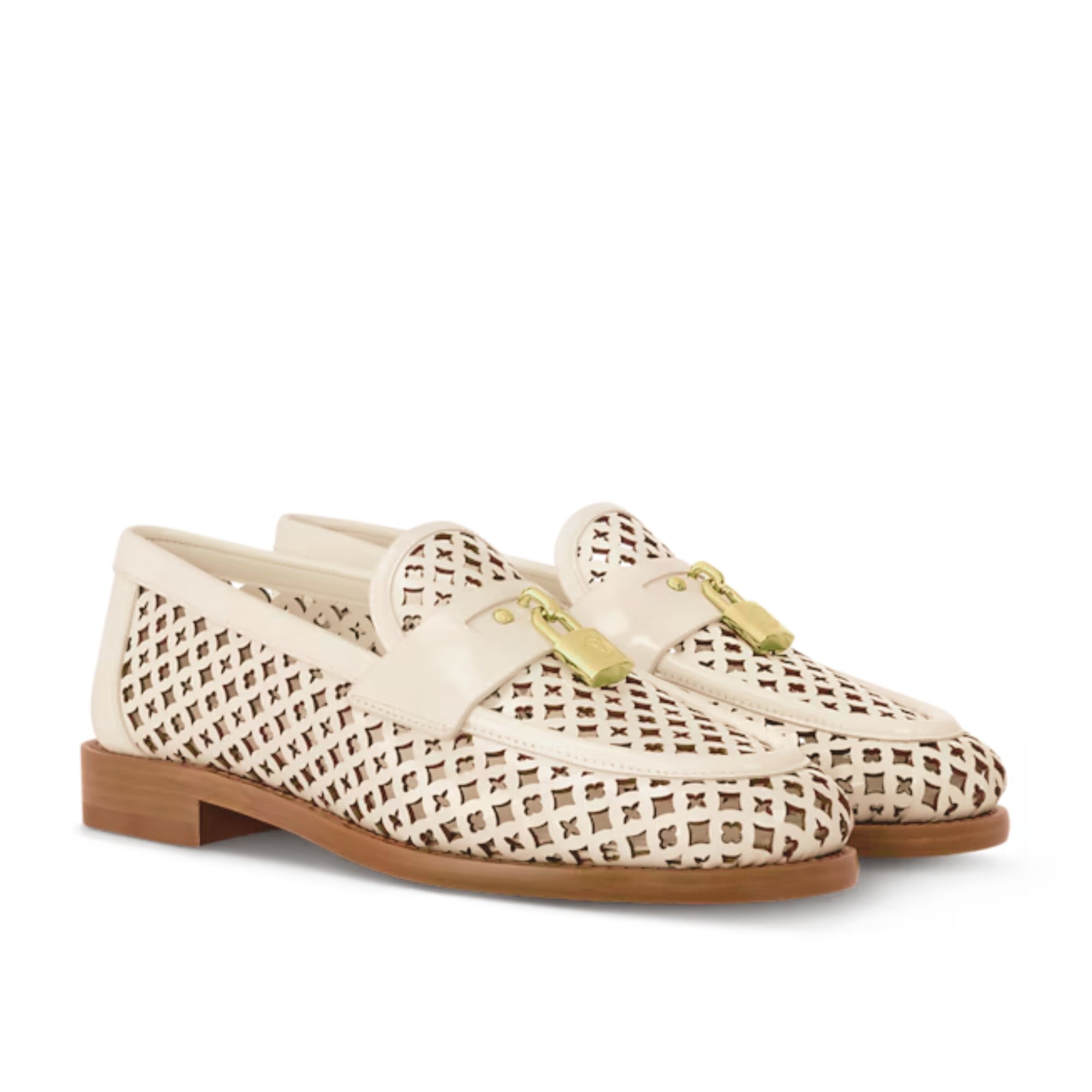 Louis Vuitton Chess Flat Loafer White Monogram Embroidered with Gold Padlock 1AGXRV