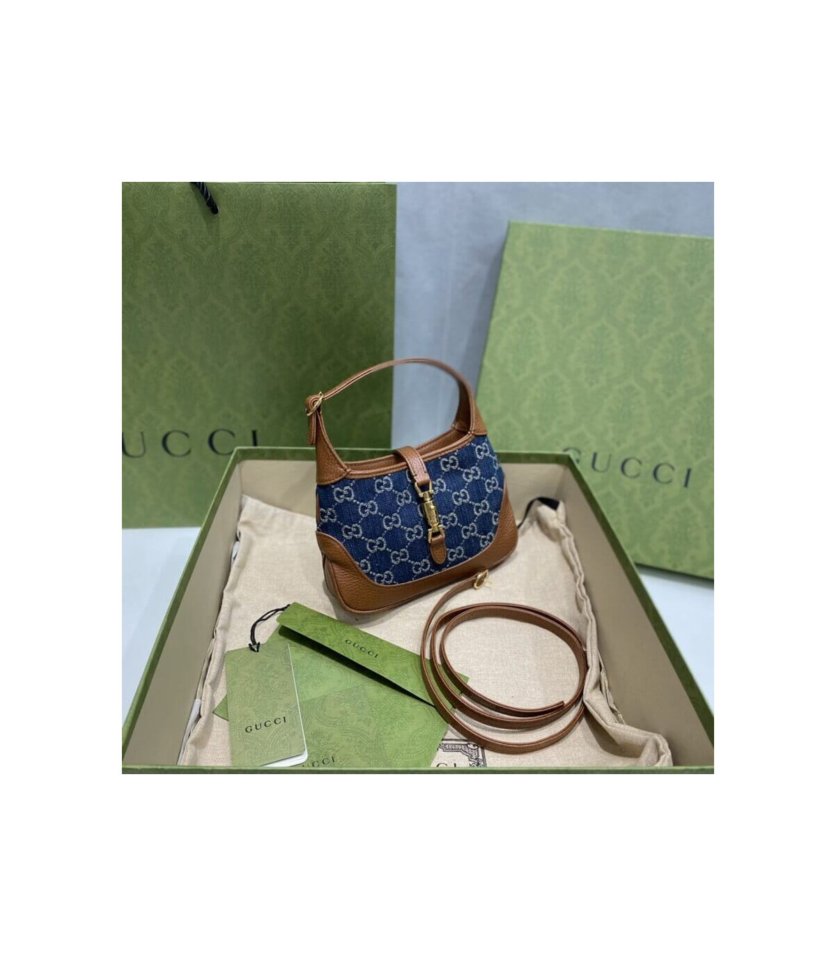 Gucci Jackie 1961 Mini Shoulder Bag in Blue Jacquard Denim 19cm