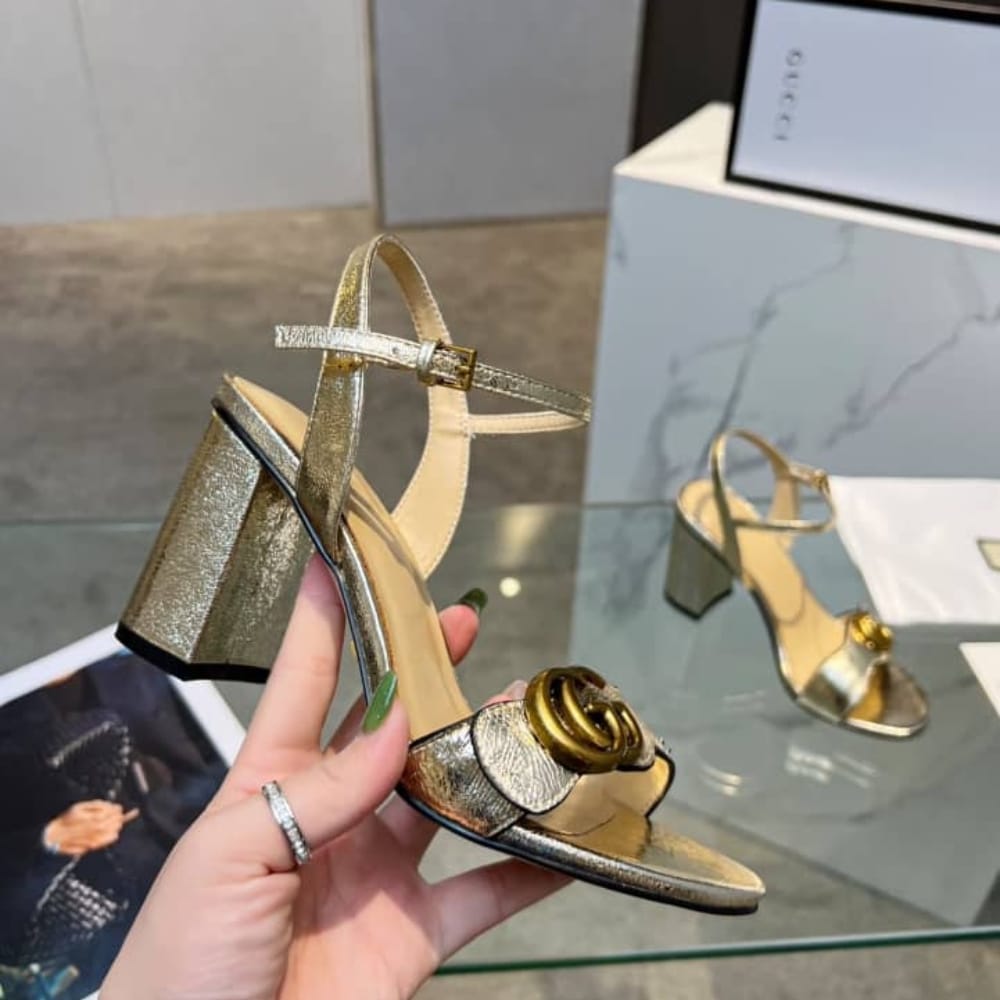 Gucci Metallic Laminate Mid Heel Sandal Gold 453379 Dkt00 7100