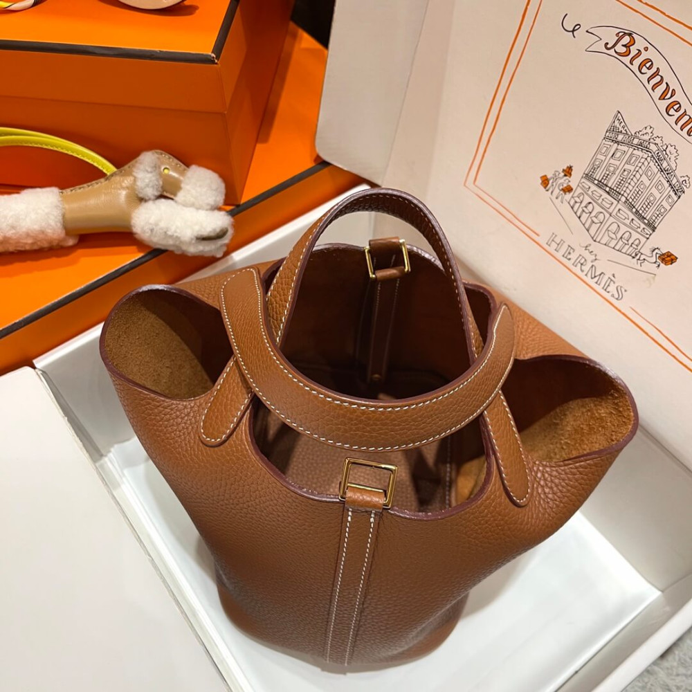 Hermes Picotin Lock Bag In Taurillon Clemence Gold Brown 22Cm
