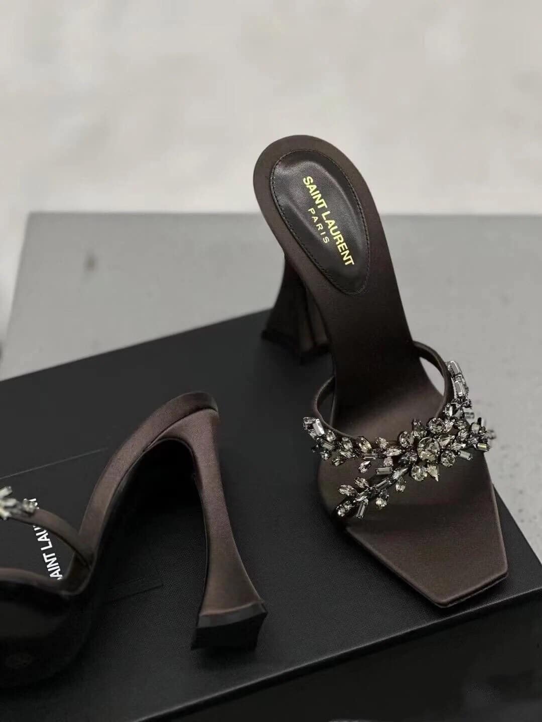 Saint Laurent Liz Mules In Satin And Rhinestones Black