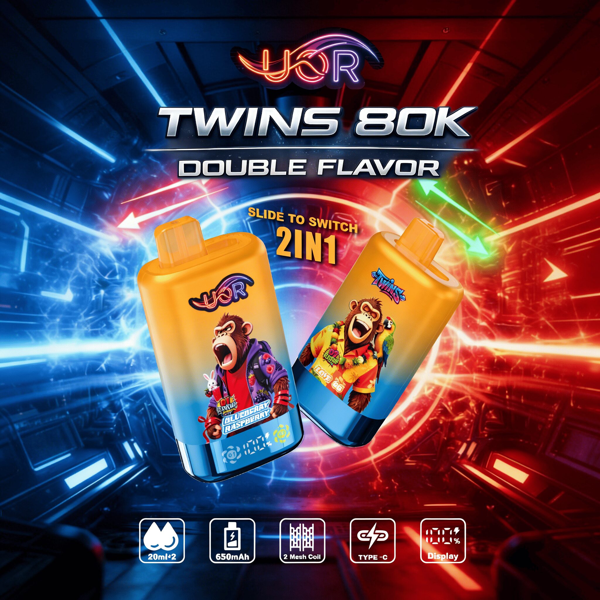 UOR Twins 80000 80k Puffs Double Flavor Dual Mesh Disposable Vape with LED Display EU Warehouse
