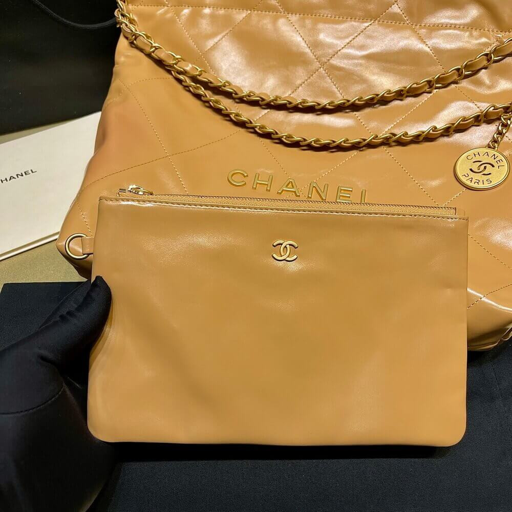 Chanel 22 Small Handbag Shiny Calfskin Camel Gold Metal
