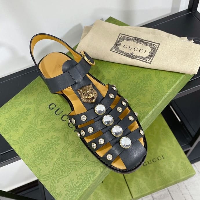 Gucci Rubber Crystal Embellishments Sandals Black