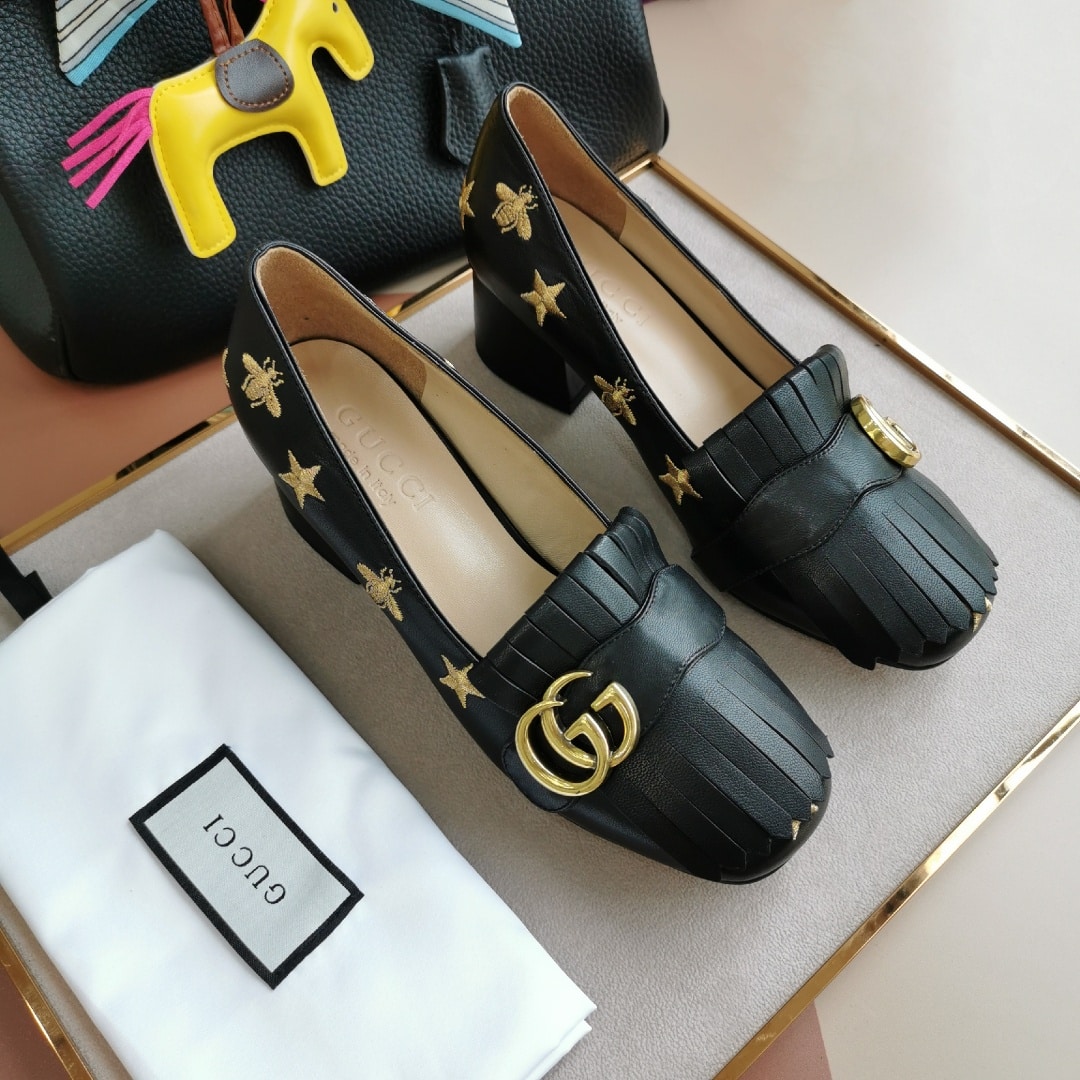 Gucci Embroidered Bee Star Leather Mid-Heel Pump Black