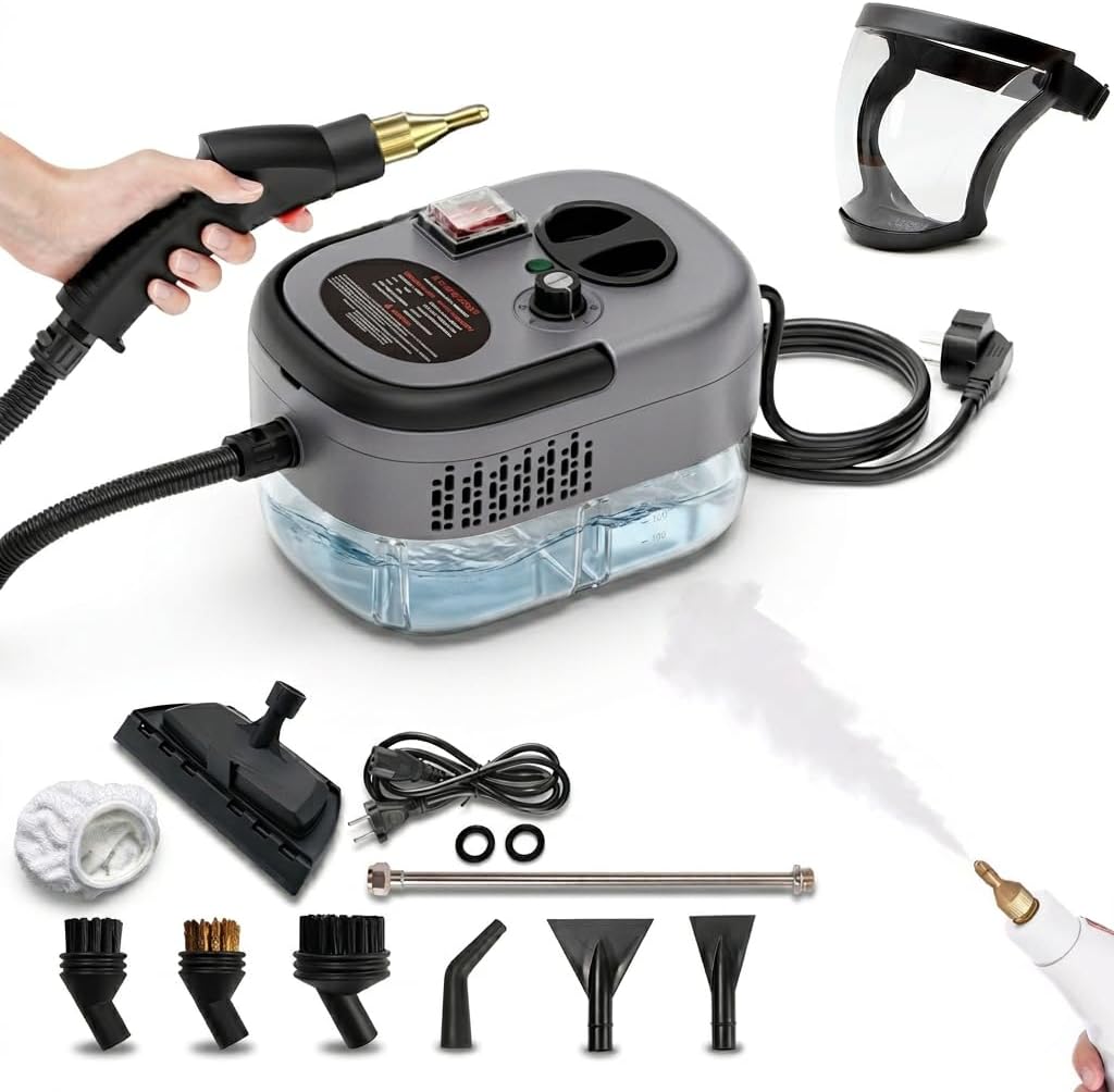 2026 New 2500W Handheld High-Temperature Pressurized Steam Cleaner, Portable Multi-Surface Steamer with Adjustable Steam Levels for Kitchen, Tile, Grout, Bathroom and Car Cleaning (Red-Manual knob)