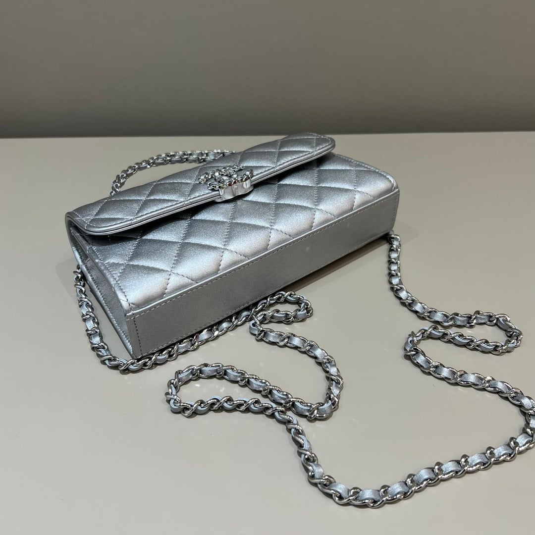 Chanel Lambskin Quilted Chain Top Handle Phone Holder With Chain Silver 18Cm