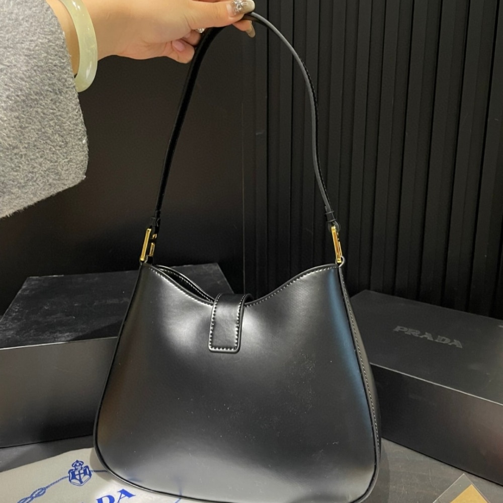 Prada Cleo Brushed Leather Shoulder Bag With Clasp Closure Black 26Cm
