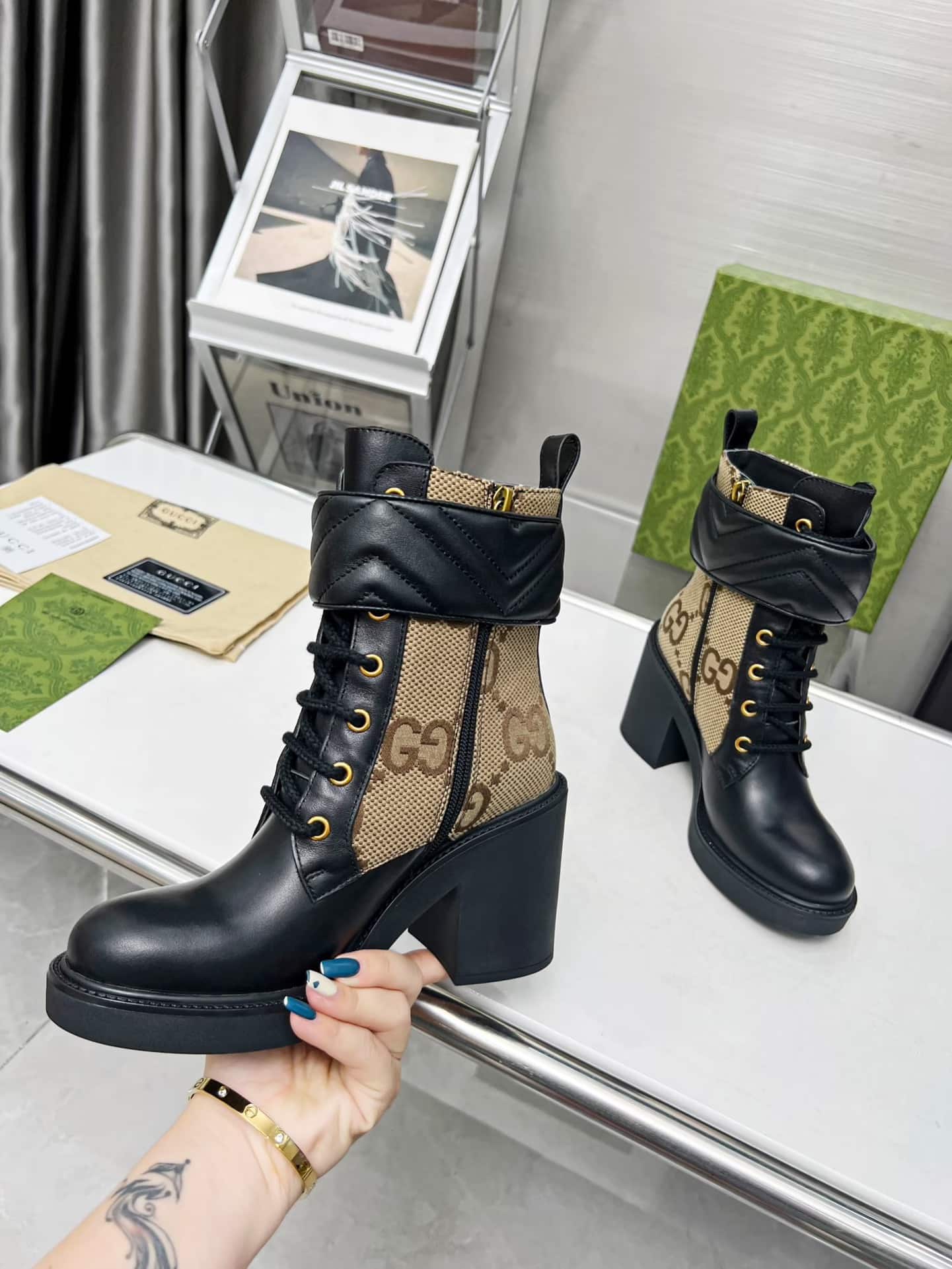 Gucci With Double G Ankle Boots Camel Ebony 719849 Aabd0 1183