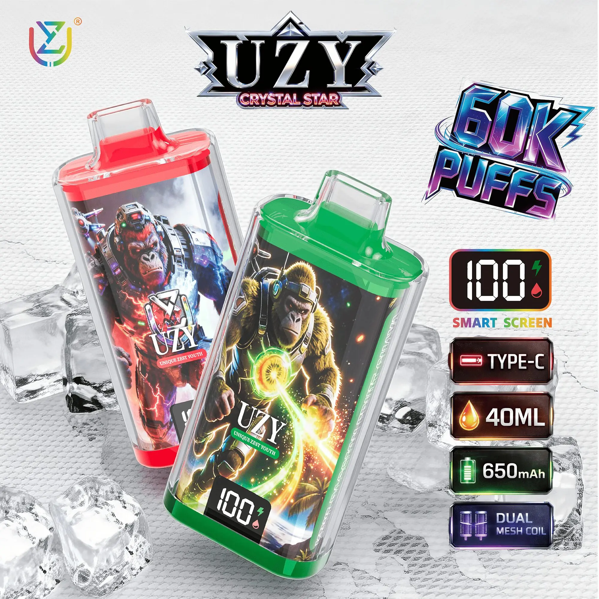 UZY Crystal Star 60000 60K Puffs Smart Display Rechargeable Original Disposable Vape
