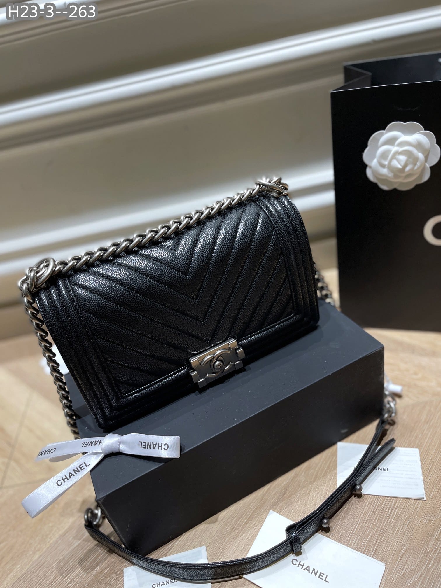 Chanel Boy Caviar Chevron Quilted Flap Bag Black 25Cm/9.8in