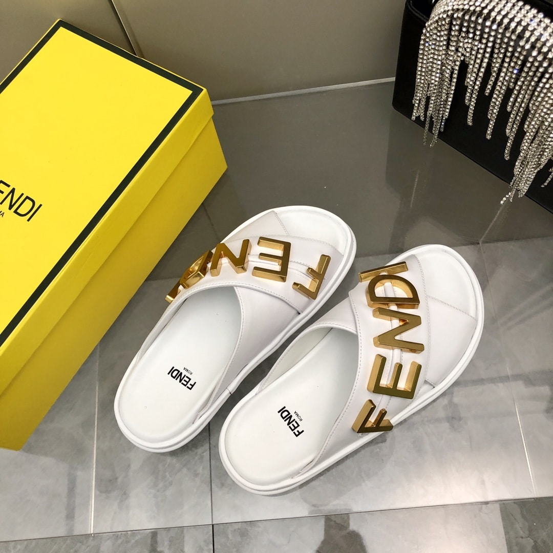 Fendi Fendigraphy Leather Slides White