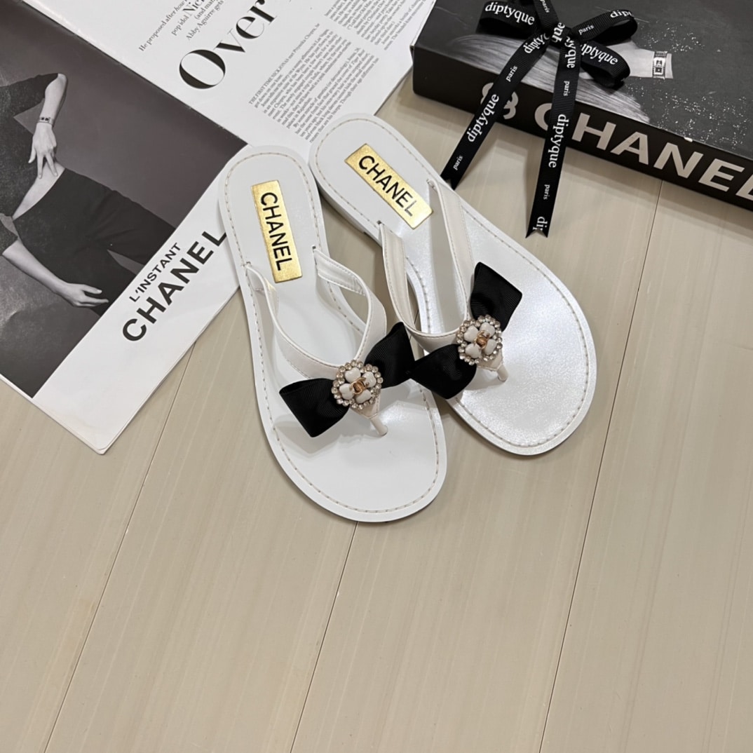 Chanel Thong Slide White Camellia Cc Logo Bow White