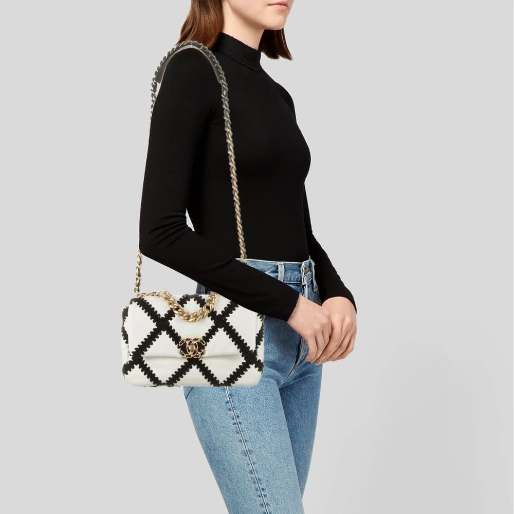 Chanel 19 Flap Bag Crochet Gold And Silver Tone White Black 24Cm AS1160 B04824 C0200