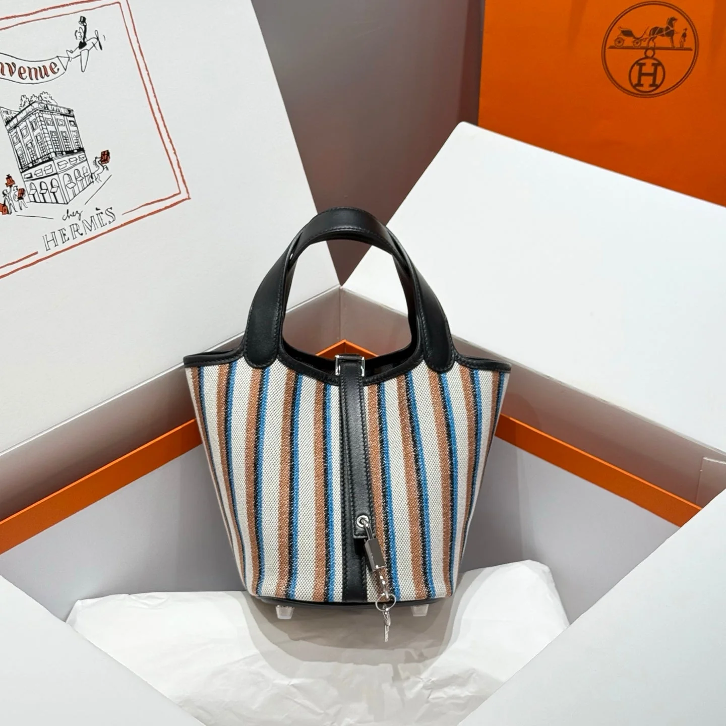 Picotin Lock 18 Black Swift Calfskin Multicolor Canvas