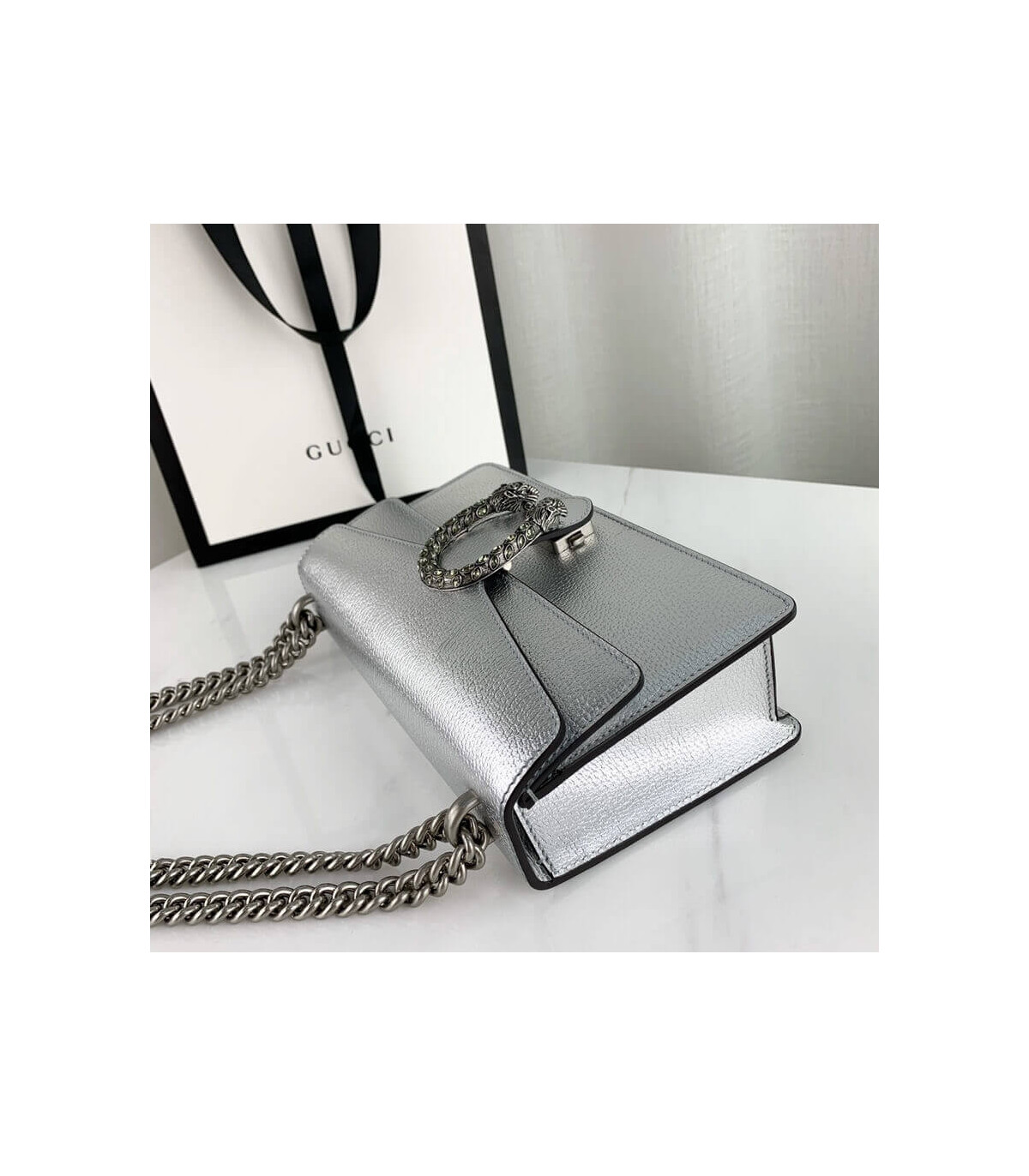 Gucci Dionysus Small Shoulder Bag in Silver Lame Leather