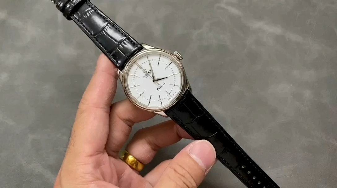 【Super Clone】Rolex Cellini Time 50509 Black Leather Strap White Dial 39mm Mens Replica Watch